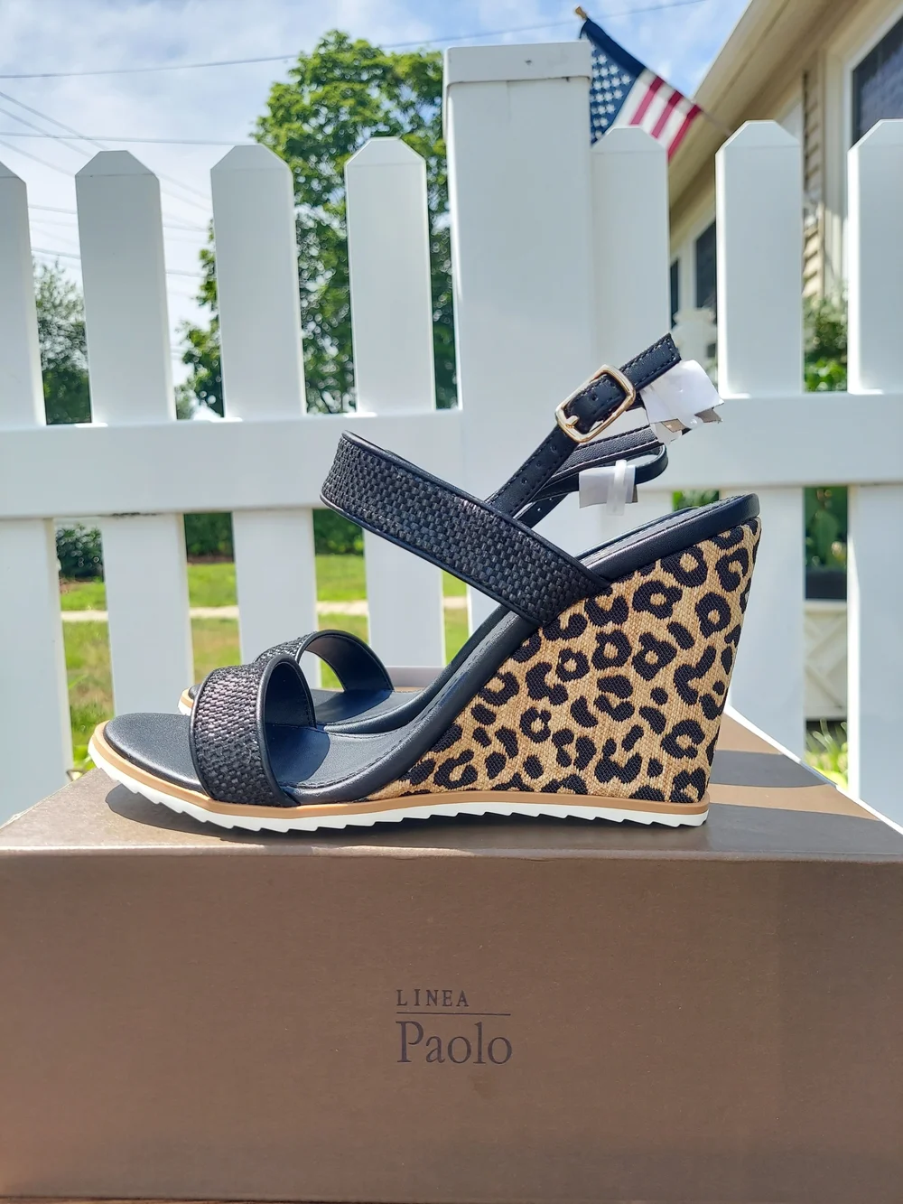Linea Paolo Black Leopard Print Wedge Sandals Women Size 8.5 NWT Preppy Coquette